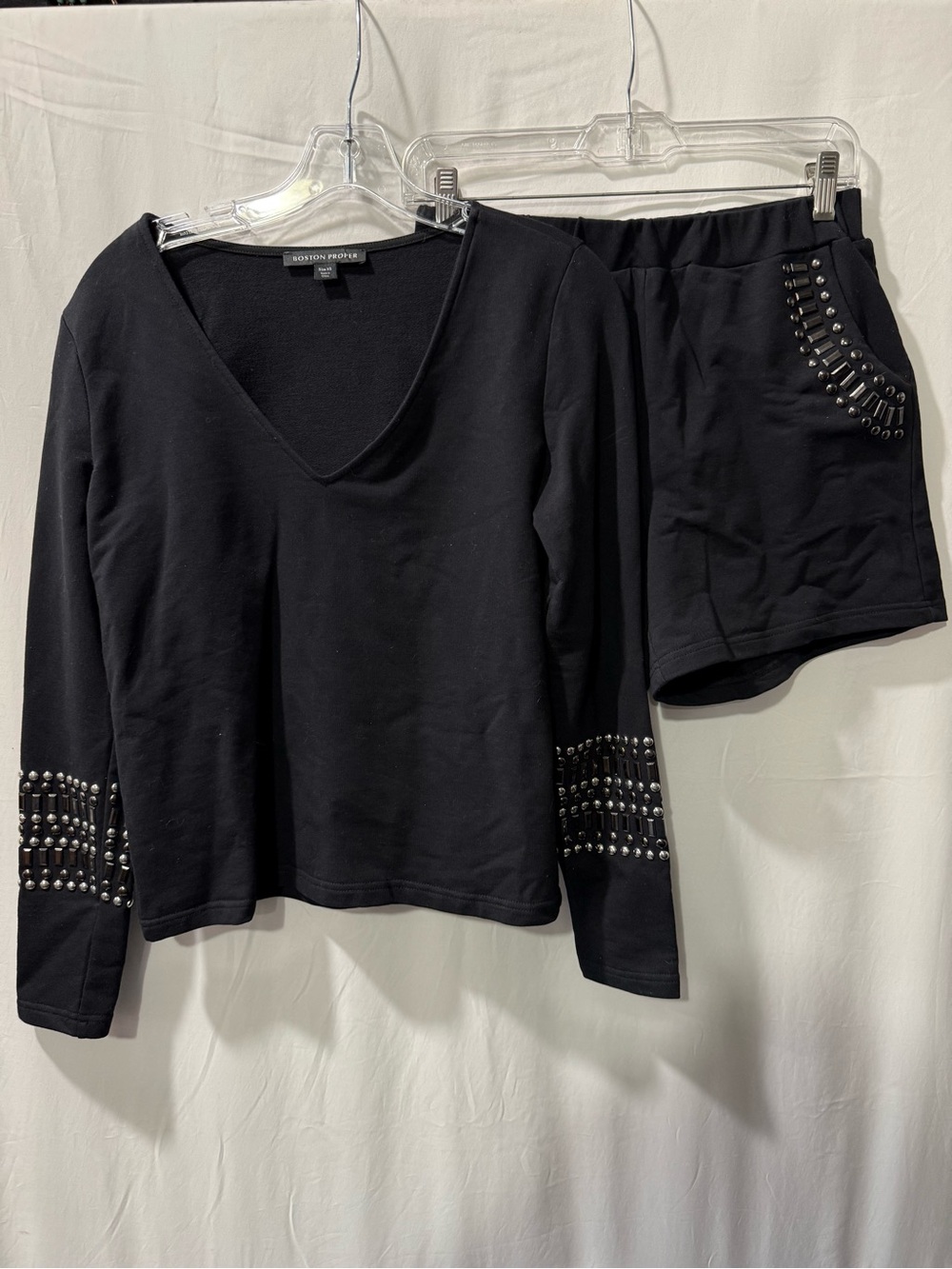 Boston Proper Black V-Neck Sweatshirt and Shorts Set Studded